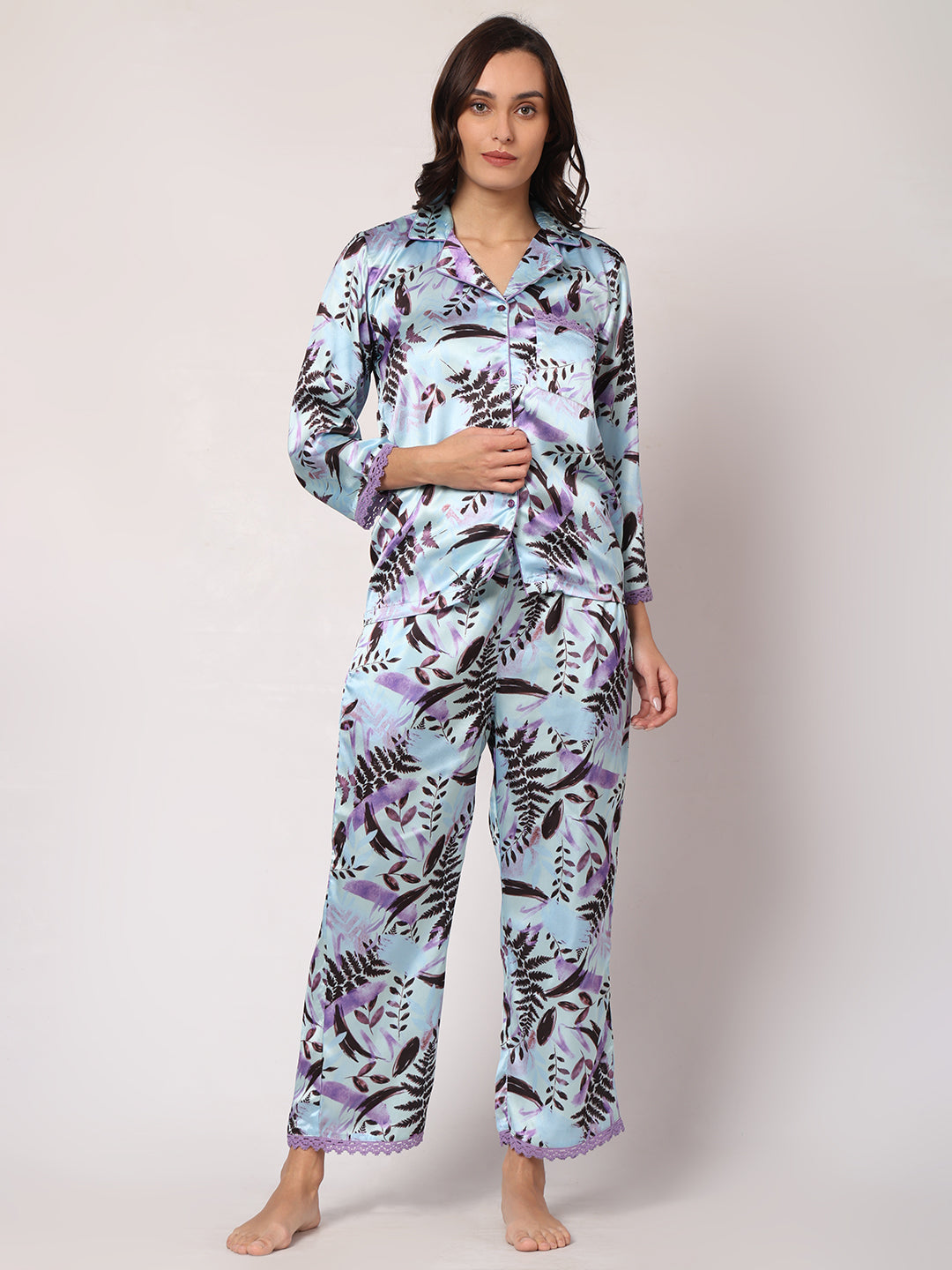 GOCHIKKO Women's Satin Printed Color Night Suit Set of Shirt & Pyjama Pack of 1(Pale Aqua Printed)