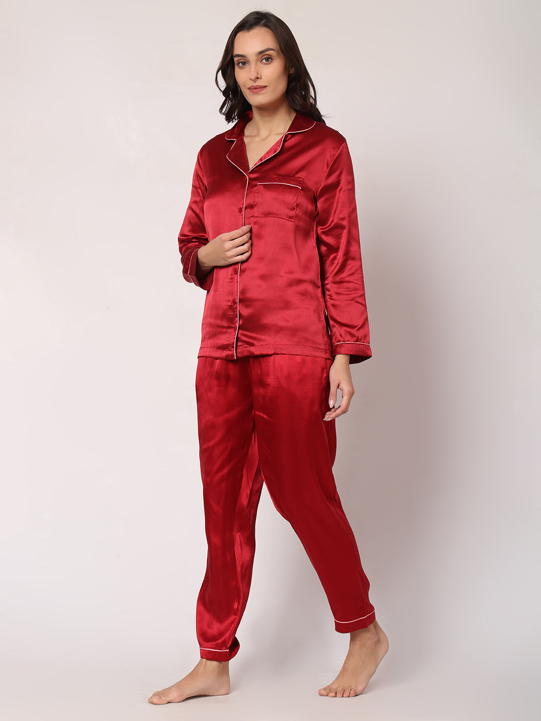 GOCHIKKO Women's Satin Plain Color Night Suit Set of Shirt & Pyjama Pack of 1(MAROON)