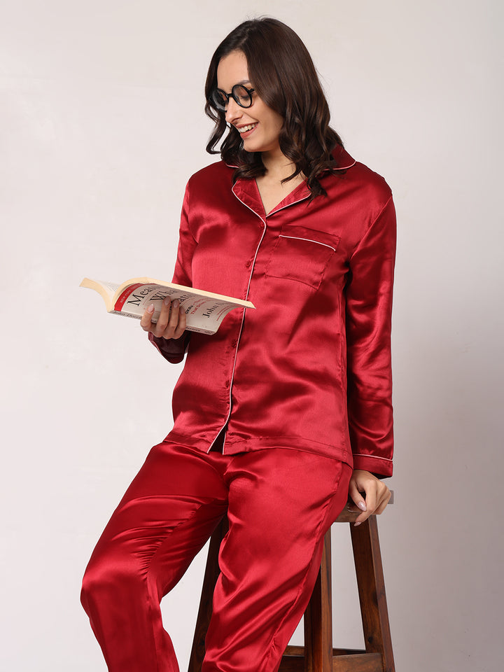 GOCHIKKO Women's Satin Plain Color Night Suit Set of Shirt & Pyjama Pack of 1(MAROON)