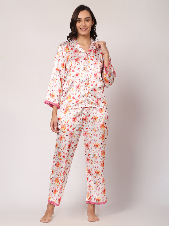 GOCHIKKO Women's Satin Printed Color Night Suit Set of Shirt & Pyjama Pack of 1( Light Rose)