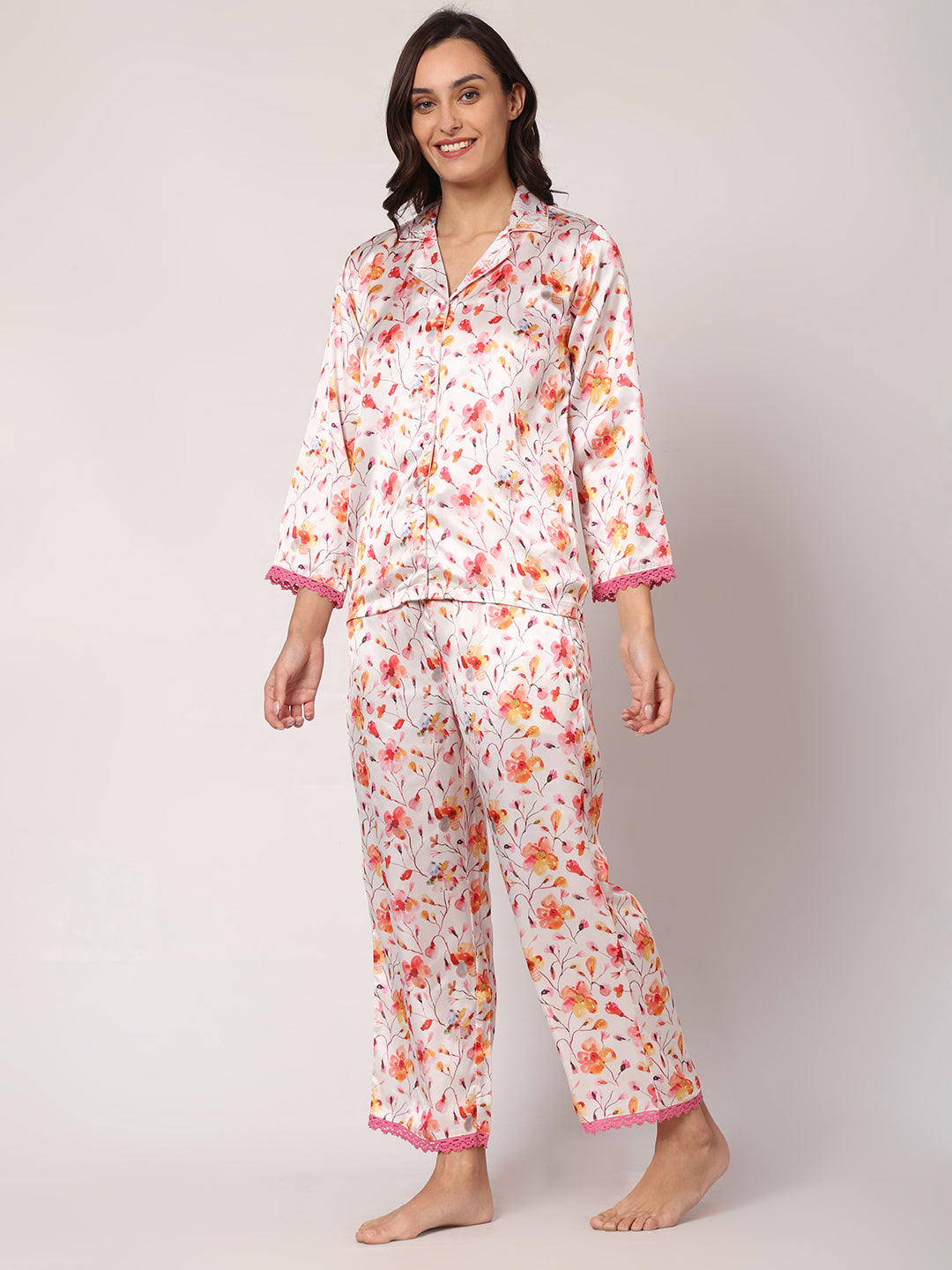 GOCHIKKO Women's Satin Printed Color Night Suit Set of Shirt & Pyjama Pack of 1( Light Rose)