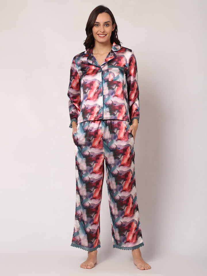 GOCHIKKO Women's Satin Printed Color Night Suit Set of Shirt & Pyjama Pack of 1(Slate Printed)