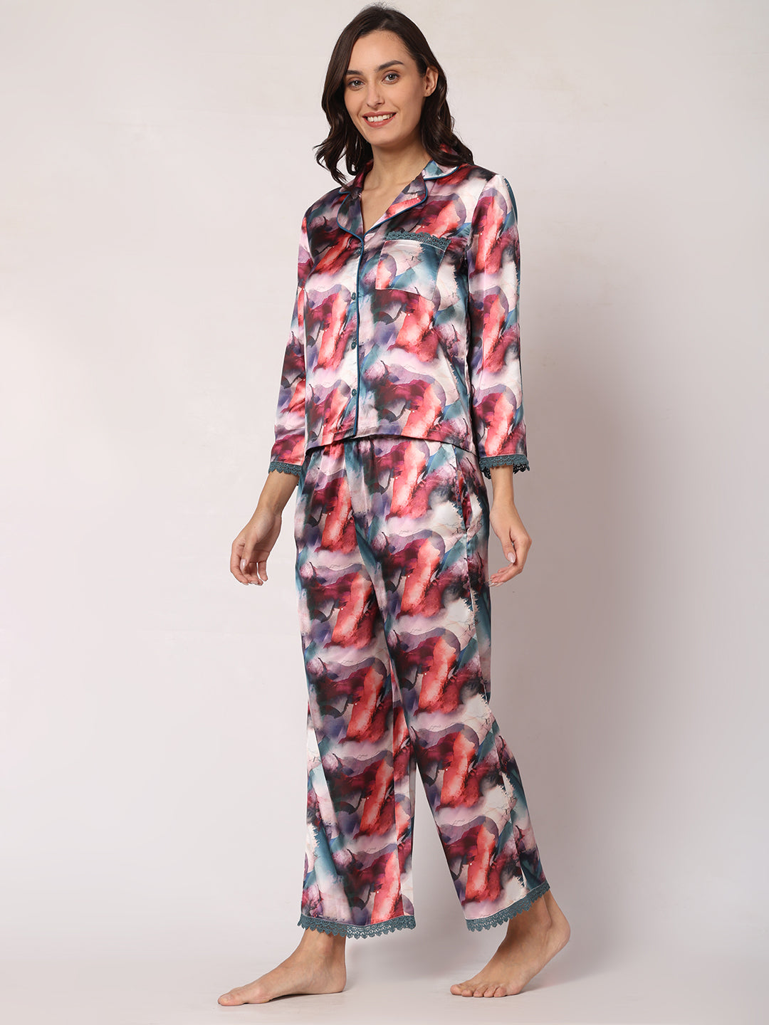 GOCHIKKO Women's Satin Printed Color Night Suit Set of Shirt & Pyjama Pack of 1(Slate Printed)